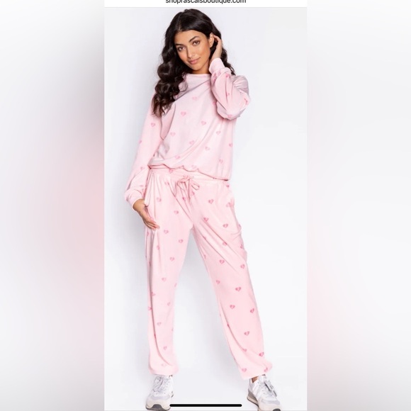 P.J Salvage X Barbie Pants - P.J.Salvage X Barbie collab large light pink heart velour jogger set.